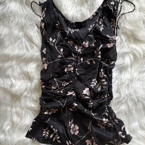 Women’s Black Floral Sleeveless 100% silk Ruched Tank Top